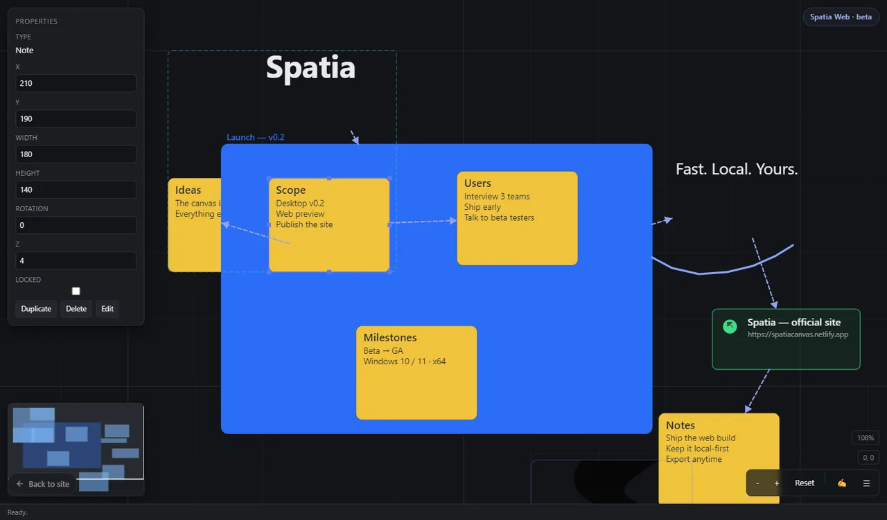 A close-up of the Spatia canvas showing a frame, notes and a connection